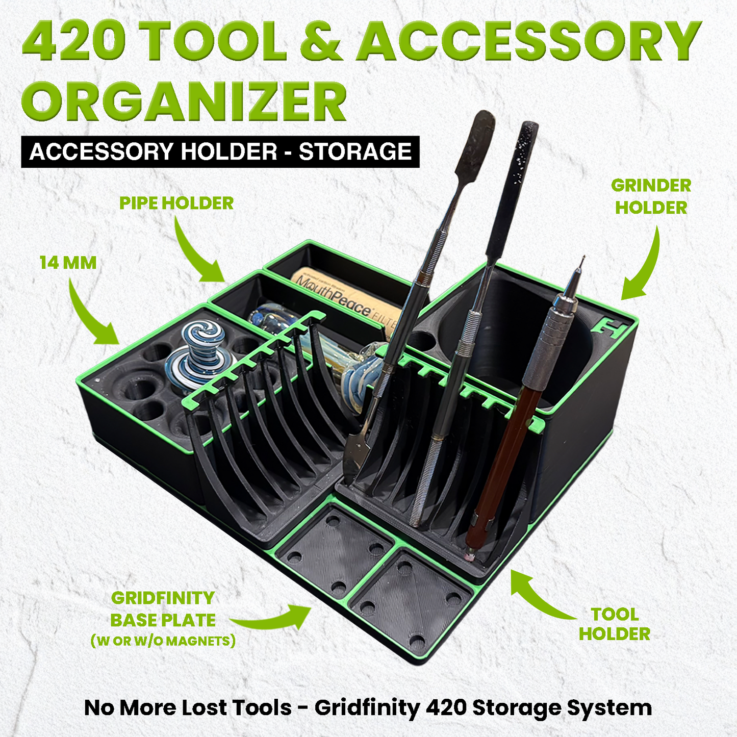 420 Organizer – Dab Tool Holder, Grinder & Pipe Storage | Gridfinity System