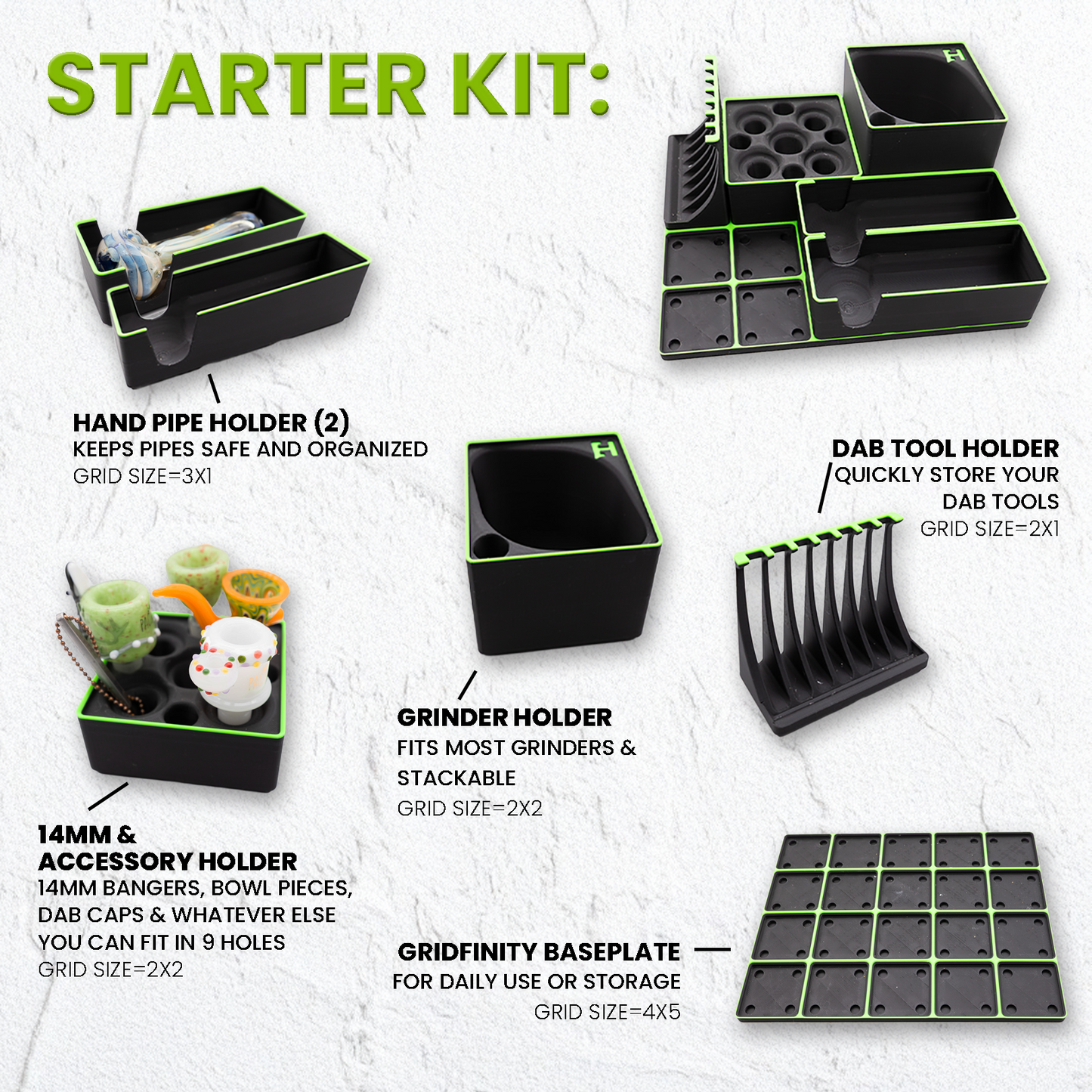 420 Organizer – Dab Tool Holder, Grinder & Pipe Storage | Gridfinity System