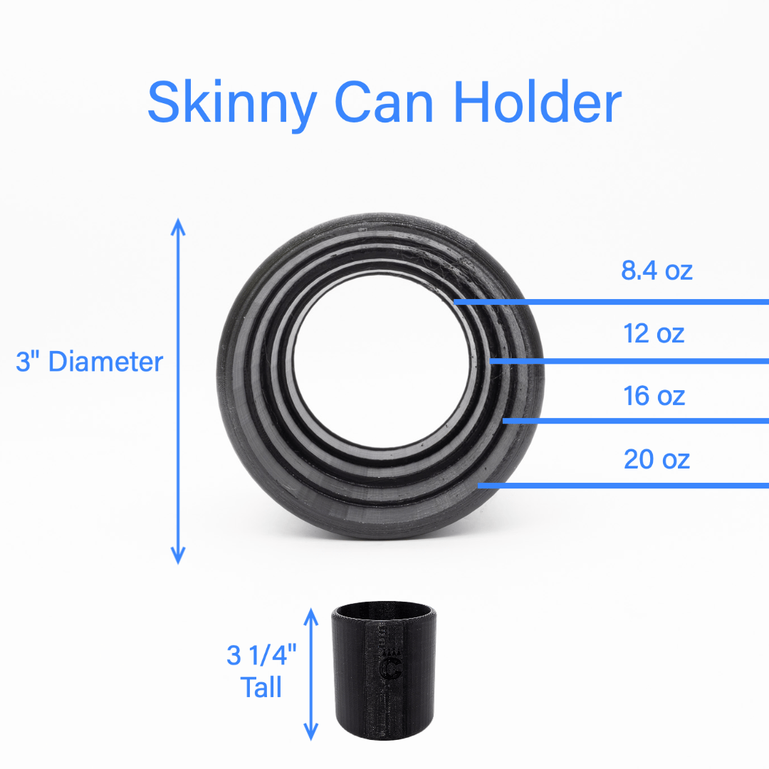 Diagram of the Skinny Can Holder showing its 3 inch diameter and tiered sizes