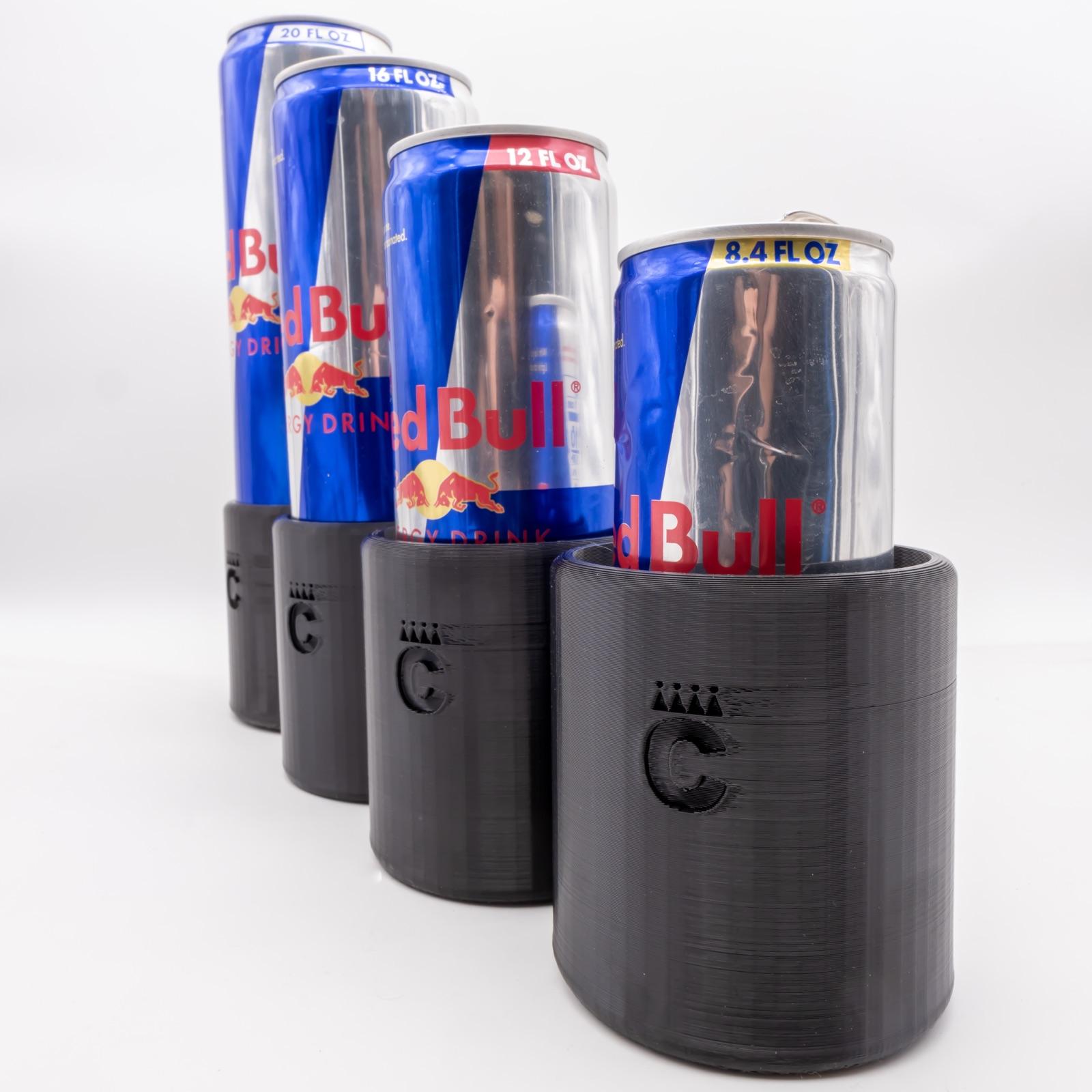 The four Red Bull slim can sizes (8.4, 12, 16, and 20 oz) in Skinny Can Holders